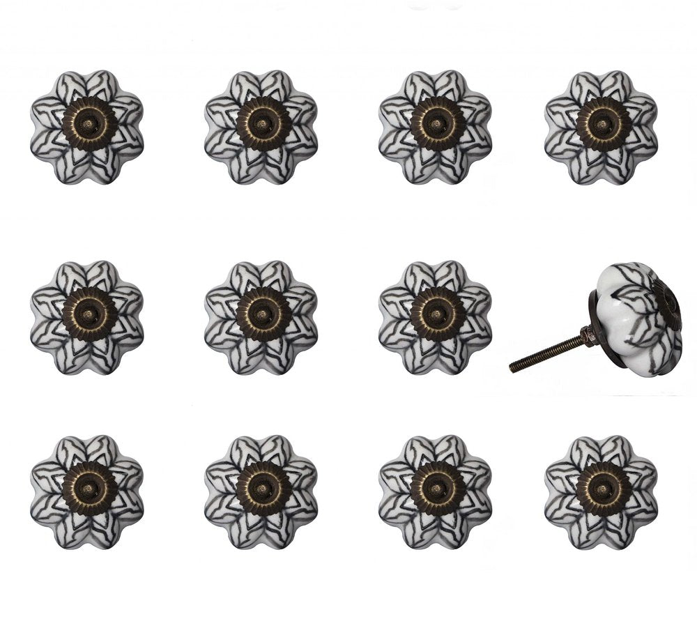 Set of Twelve Black And White Floral Ceramic Drawer Pull Knobs