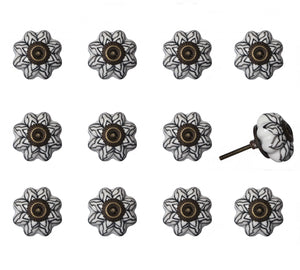 Set of Twelve Black And White Floral Ceramic Drawer Pull Knobs