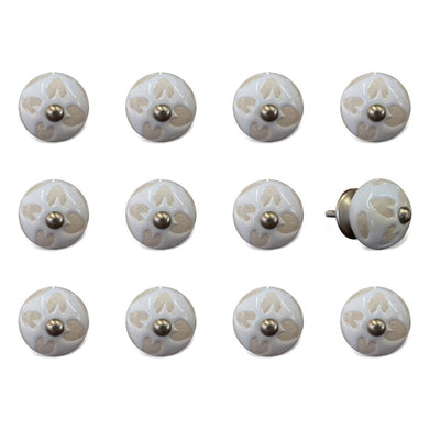 Set of Twelve Beige And White Floral Ceramic Drawer Pull Knobs