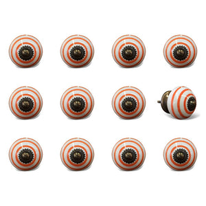 Set of Twelve Orange And White Geometric Ceramic Drawer Pull Knobs