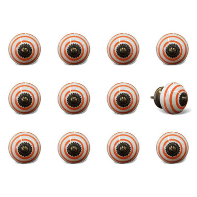 Set of Twelve Orange And White Geometric Ceramic Drawer Pull Knobs