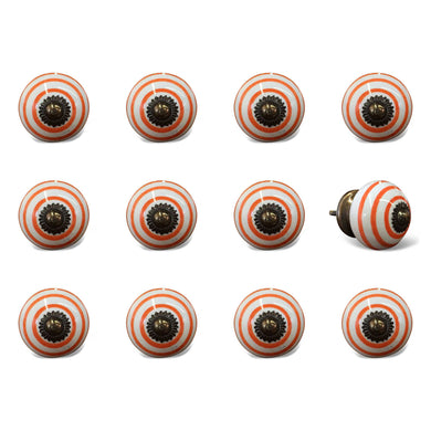 Set of Twelve Orange And White Geometric Ceramic Drawer Pull Knobs