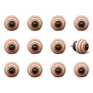 Set of Twelve Orange And White Geometric Ceramic Drawer Pull Knobs