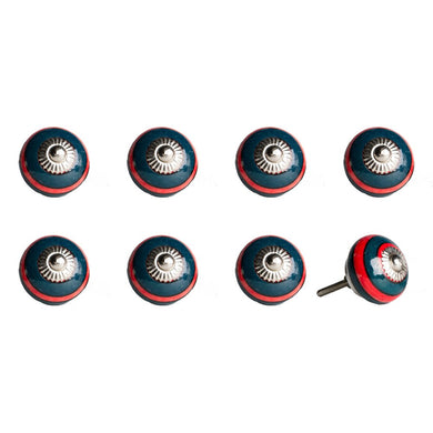 Set of Eight Navy Blue And Red Geometric Ceramic Drawer Pull Knobs