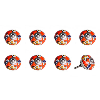 Set of Eight Orange And White Floral Ceramic Drawer Pull Knobs