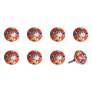 Set of Eight Orange And White Floral Ceramic Drawer Pull Knobs