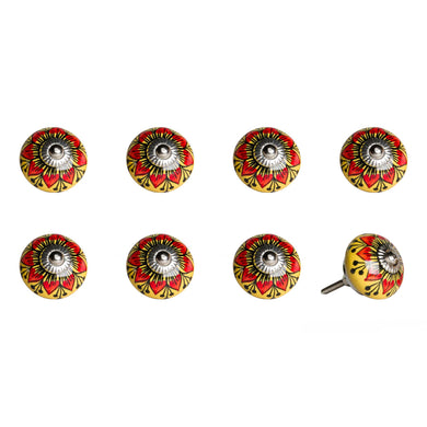 Set of Eight Yellow And Black Floral Ceramic Drawer Pull Knobs