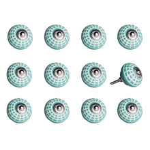 Set of Twelve Turquoise And White Geometric Ceramic Drawer Pull Knobs