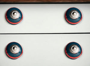 Set of Twelve Navy Blue And Red Geometric Ceramic Drawer Pull Knobs