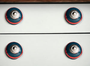 Set of Twelve Navy Blue And Red Geometric Ceramic Drawer Pull Knobs