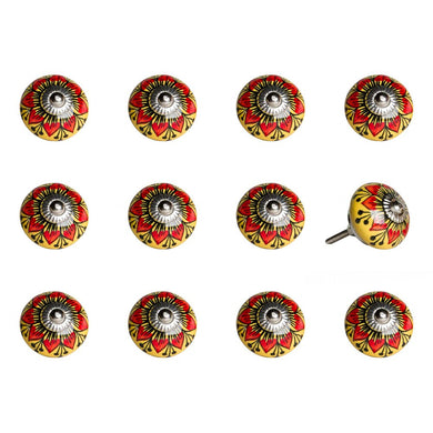 Set of Twelve Yellow And Black Floral Ceramic Drawer Pull Knobs