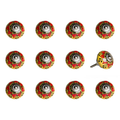 Set of Twelve Yellow And Black Floral Ceramic Drawer Pull Knobs