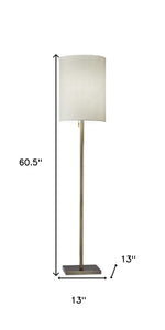 61" Brass Metal Floor Lamp With White Fabric Cylinder Shade