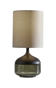 16" Black And Dark Green Wood And Smoked Glass Table Lamp With Beige Drum Shade