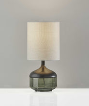16" Black And Dark Green Wood And Smoked Glass Table Lamp With Beige Drum Shade