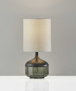 16" Black And Dark Green Wood And Smoked Glass Table Lamp With Beige Drum Shade