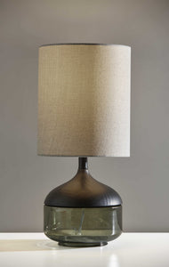 16" Black And Dark Green Wood And Smoked Glass Table Lamp With Beige Drum Shade