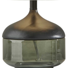 16" Black And Dark Green Wood And Smoked Glass Table Lamp With Beige Drum Shade