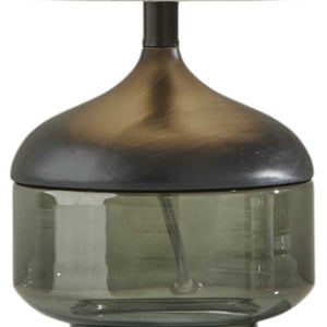 16" Black And Dark Green Wood And Smoked Glass Table Lamp With Beige Drum Shade