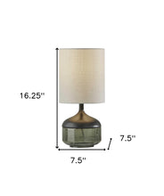 16" Black And Dark Green Wood And Smoked Glass Table Lamp With Beige Drum Shade