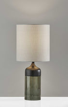 23" Black Wood And Smoked Glass Bedside Lamp With Gray Drum Shade
