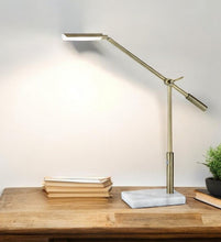 26" Antiqued Gold And White Marble And Metal Adjustable LED Desk Lamp