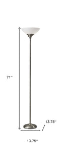 71" Silver Metal Torchiere Floor Lamp With White Bowl Shade