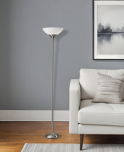 71" Silver Metal Torchiere Floor Lamp With White Bowl Shade