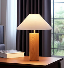 26" Natural Solid Wood Cylinder Table Lamp With White Cone Shade