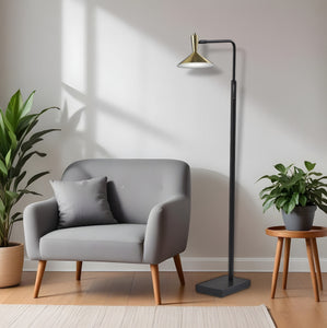 54" Black And Gold Metal LED Task Floor Lamp With Gold Metal Empire Shade