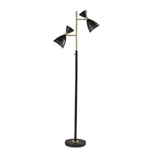 68" Black And Gold Metal Two Light Task Floor Lamp With Black Metal Cone Shade