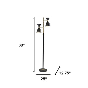 68" Black And Gold Metal Two Light Task Floor Lamp With Black Metal Cone Shade