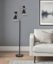 68" Black And Gold Metal Two Light Task Floor Lamp With Black Metal Cone Shade