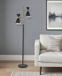 68" Black And Gold Metal Two Light Task Floor Lamp With Black Metal Cone Shade
