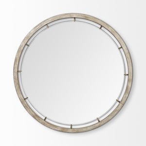 54" Brown Round Wood And Metal Framed Accent Mirror