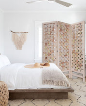 3 Panel Pink Room Divider With Cut Square Wood Design