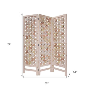 3 Panel Pink Room Divider With Cut Square Wood Design