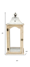 Set Of 2 Brown Wood Finished Frame Glass And Metal Top Lanterns