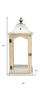 Set Of 2 Brown Wood Finished Frame Glass And Metal Top Lanterns