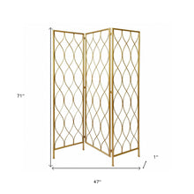 71" Gold Iron Folding Three Panel Screen Room Divider