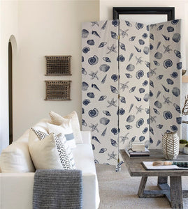 71" Blue and Beige Fabric Folding Three Panel Screen Room Divider