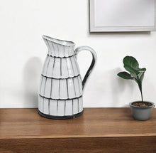 13" Black And White Ceramic Cylinder Jug Vase With Sculptural Details