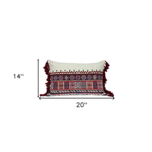 14" X 20" Blue Burgundy And Cream Abstract Cotton Blend Throw Pillow with Tassels
