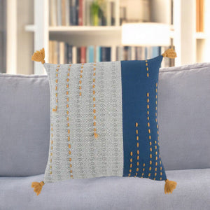 Gray Blue Kantha Stitch Throw Pillow