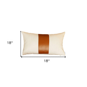 Set Of Four 18" X 18" Brown and Ivory Faux Leather Zippered Pillow
