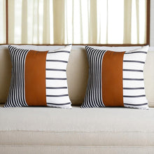 Set Of Two 17" X 17" Brown and White Faux Leather Striped Zippered Pillow Cover
