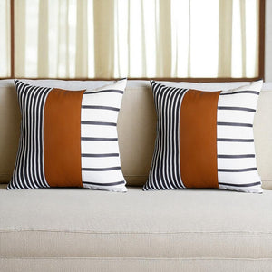 Set Of Two 17" X 17" Brown and White Faux Leather Striped Zippered Pillow Cover