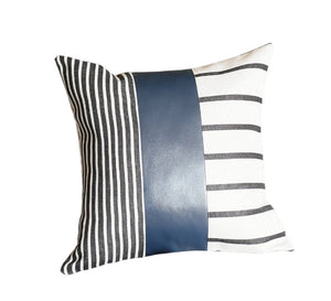 Set of Two 22" X 22" Navy Blue Striped Faux Leather Zippered Pillow Cover