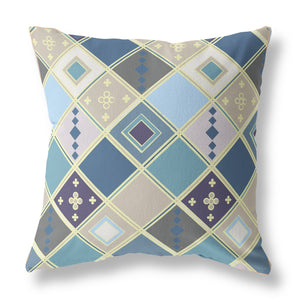 18” Blue Gold Tile Indoor Outdoor Zippered Throw Pillow