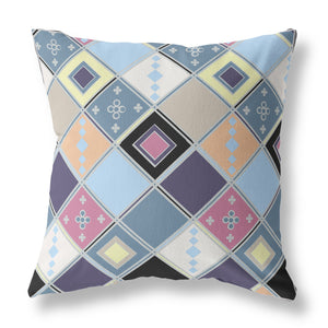 18” Blue Purple Tile Indoor Outdoor Zippered Throw Pillow
